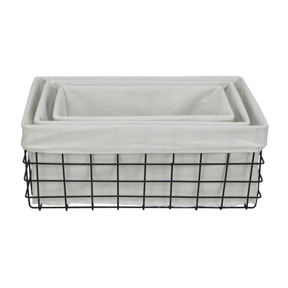 Set Of 3 Rectangular White Lined And Metal Wire Baskets