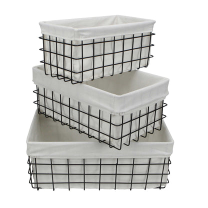 Set Of 3 Rectangular White Lined And Metal Wire Baskets