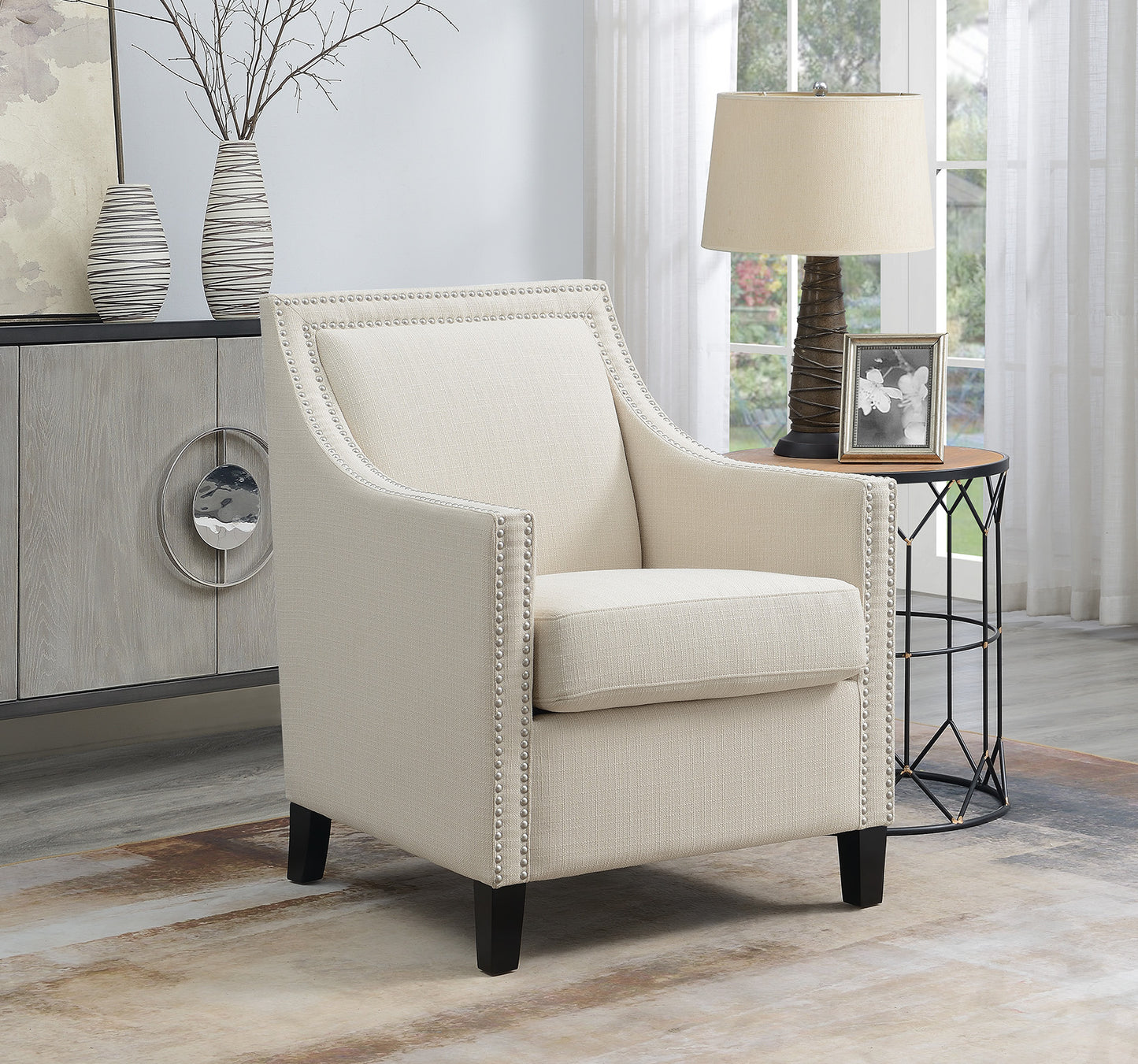 27" White And Black Linen Arm Chair