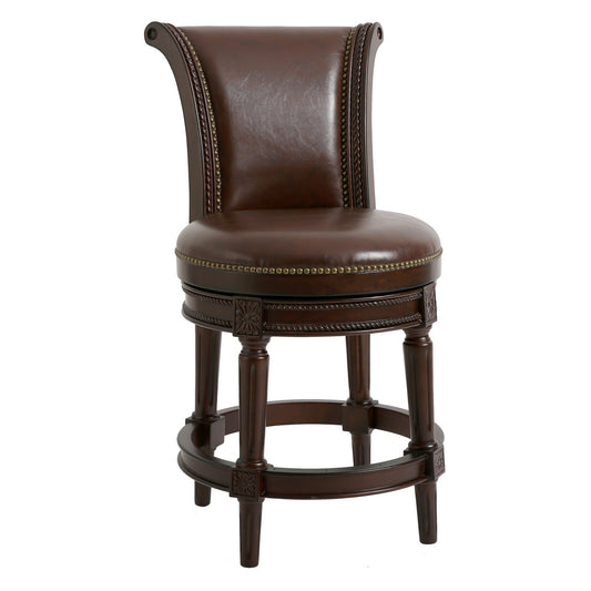 25" Dark Brown Faux Leather and Solid Wood Swivel Counter Height Bar Chair with Footrest
