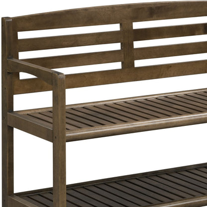 Chestnut Finish Solid Wood Slat Bench With High Back And Shelf