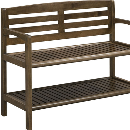 Chestnut Finish Solid Wood Slat Bench With High Back And Shelf