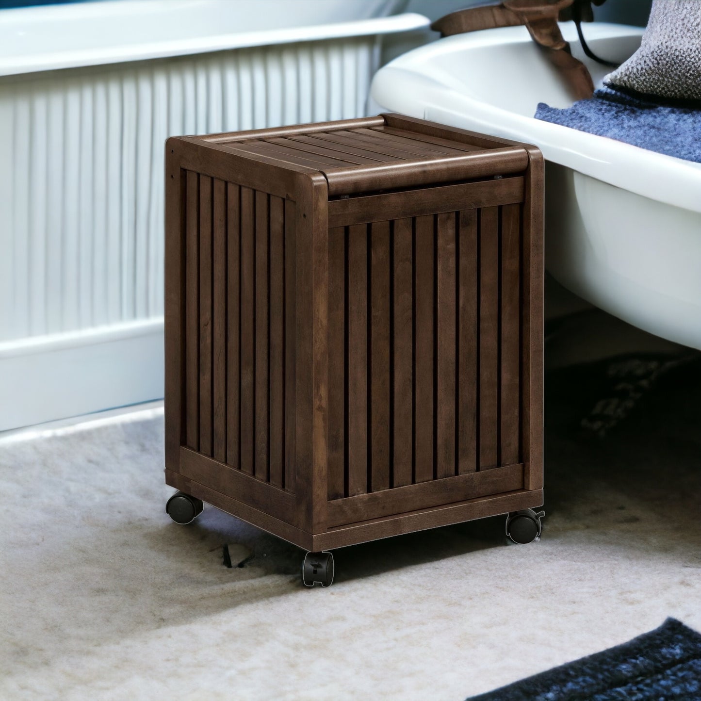Espresso Solid Wood Rolling Laundry Hamper With Lid