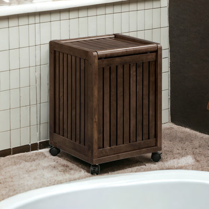 Espresso Solid Wood Rolling Laundry Hamper With Lid