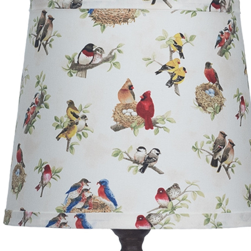 Distressed Brown Traditional Table Lamp With Birds Printed Shade