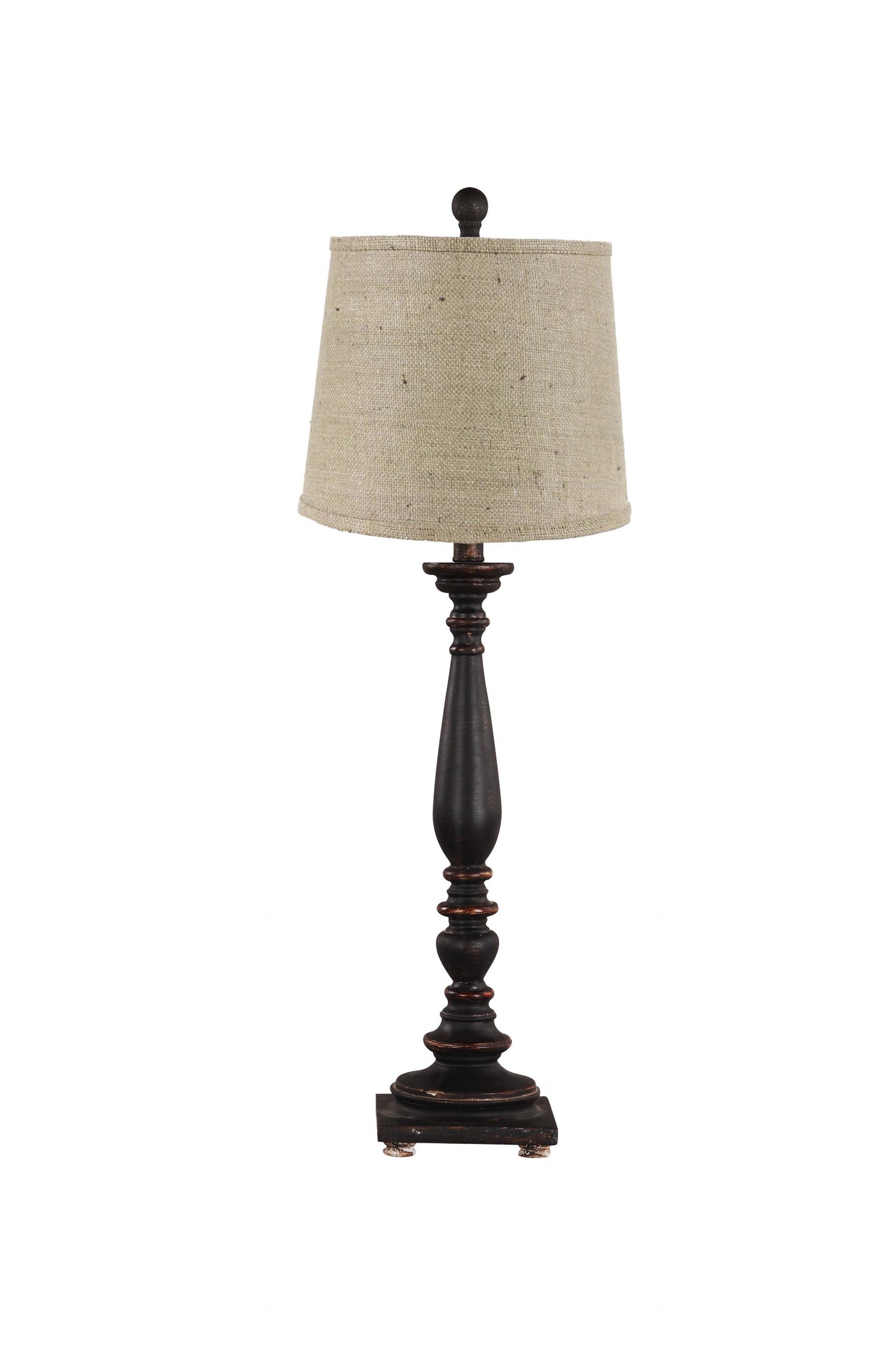 Distressed Black Traditional Table Lamp With Natural Burlap Fabric Shade
