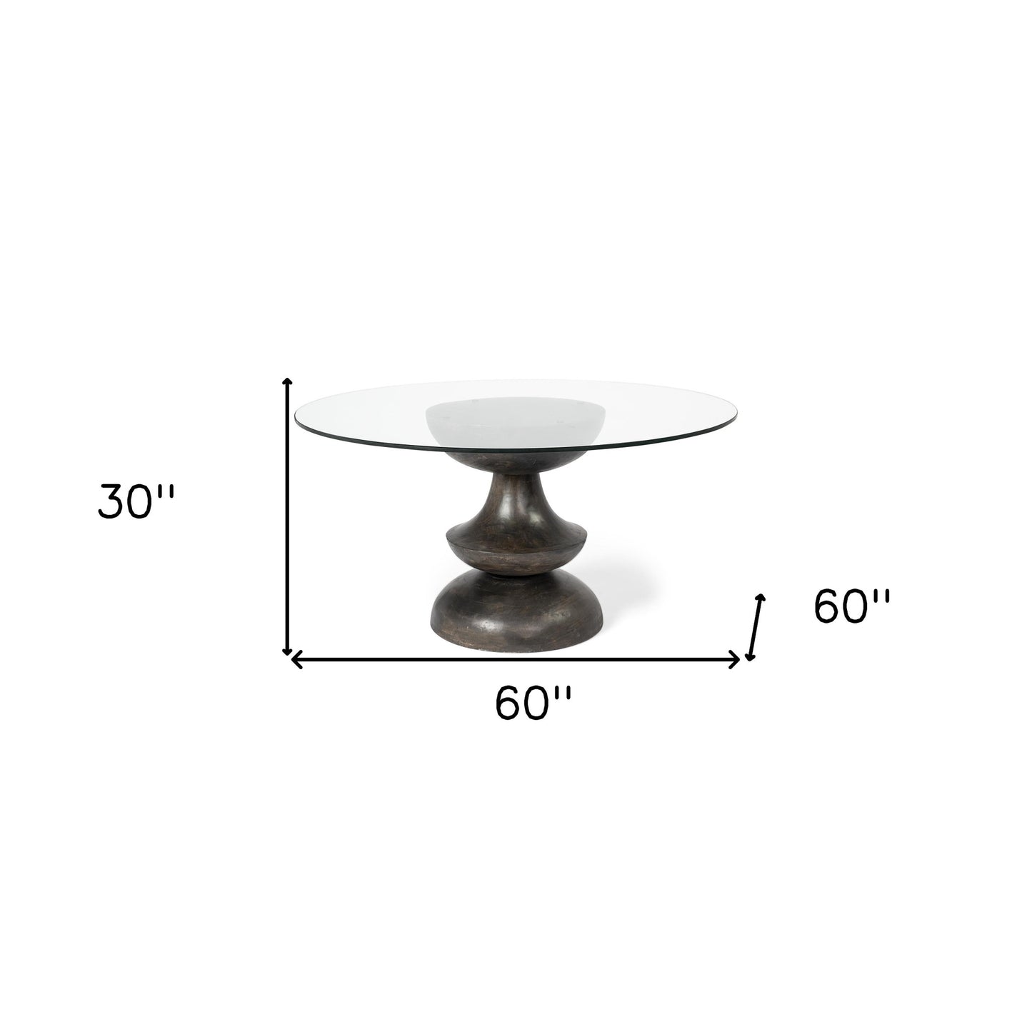 60" Round Glass Top Brown Wood With Pedestal Base Dining Table