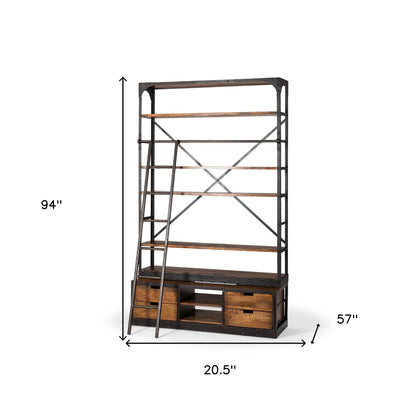 Medium Brown Wood Shelving Unit With Copper Ladder And 4 Shelves