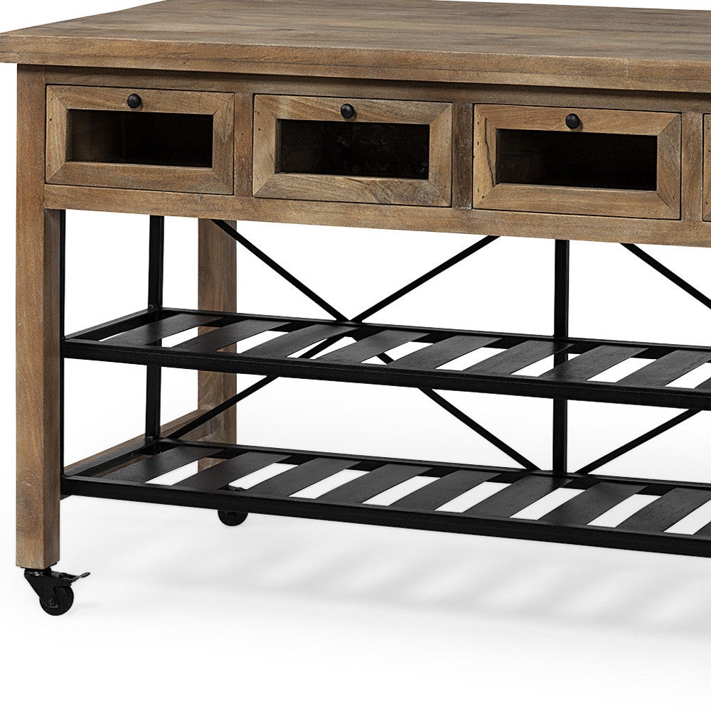 Brown Solid Wood Top Kitchen Island With Two Tier Black Metal Rolling