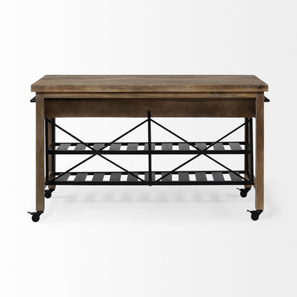 Brown Solid Wood Top Kitchen Island With Two Tier Black Metal Rolling