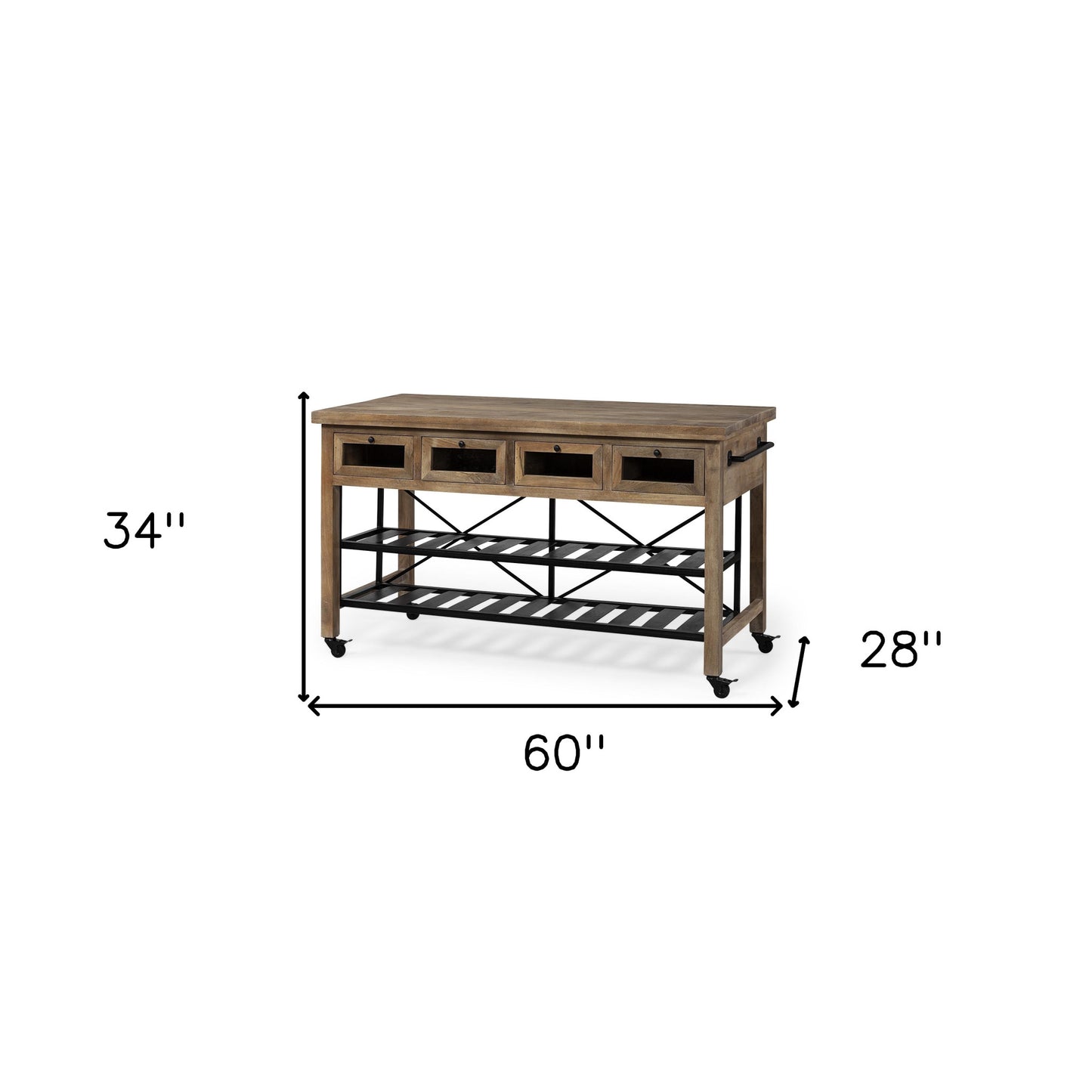 Brown Solid Wood Top Kitchen Island With Two Tier Black Metal Rolling