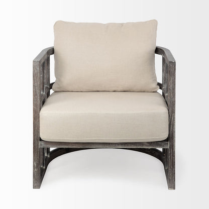 Cream Fabric Covered Cushioned Demi Lune Accent Chair With Wooden Frame
