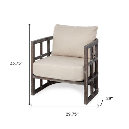 Cream Fabric Covered Cushioned Demi Lune Accent Chair With Wooden Frame