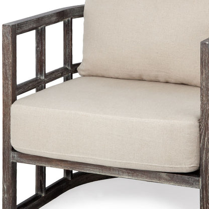 Cream Fabric Covered Cushioned Demi Lune Accent Chair With Wooden Frame