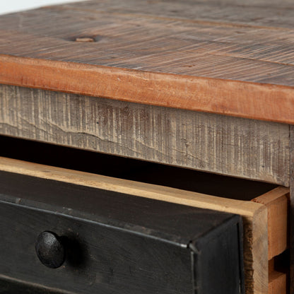 Medium Brown Wood Square Top End Table With Rustic Metal Drawers