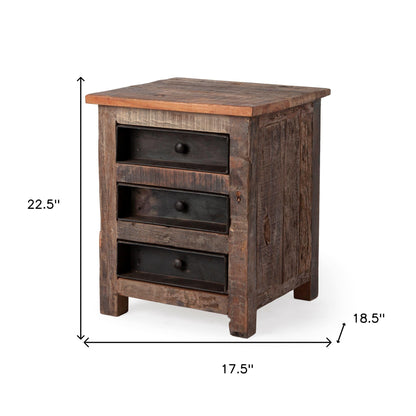 Medium Brown Wood Square Top End Table With Rustic Metal Drawers