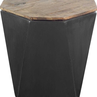 Black Metal And Natural Wood Hinged-Top Side Table