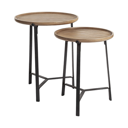 Set Of 2 Round Brown Solid Wood Iron Base Nesting Side Tables