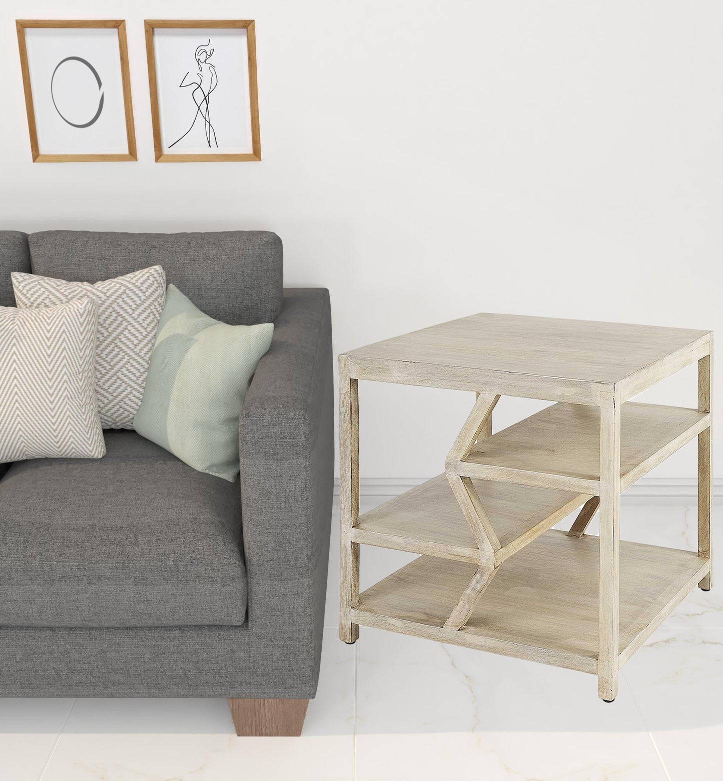Light Brown Wooden Square Top Side Table With Multi-Level Shelf