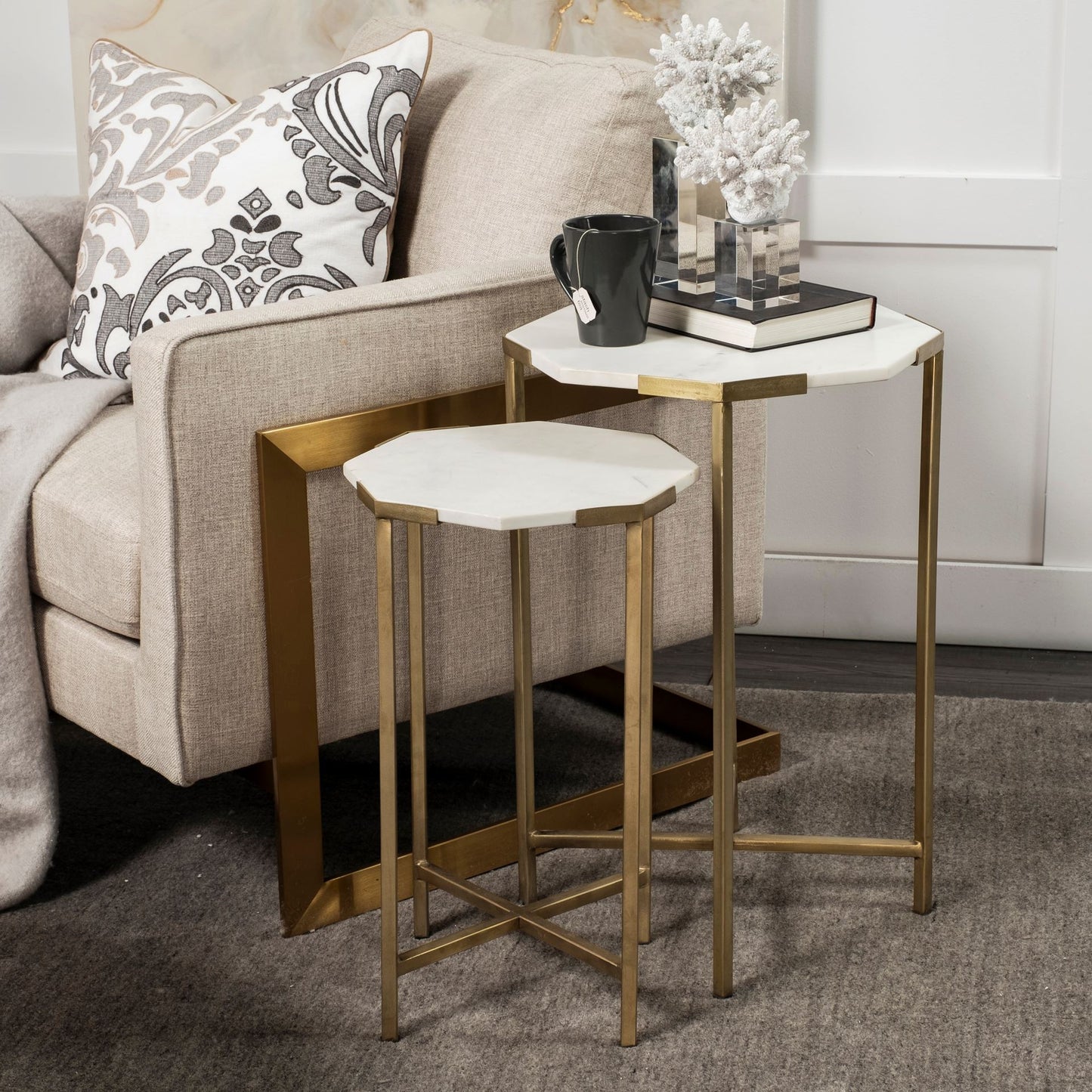 Set Of 2 White Marble And Iron Hexagonal Top Side Tables