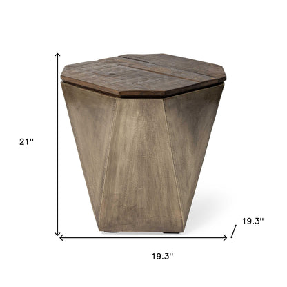Brass And Natural Wood Side Table With Hexagonal Hinged-Top