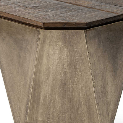 Brass And Natural Wood Side Table With Hexagonal Hinged-Top