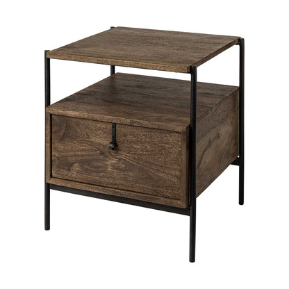 Square Top End Table With Dark Brown Wood And Iron Black Frame