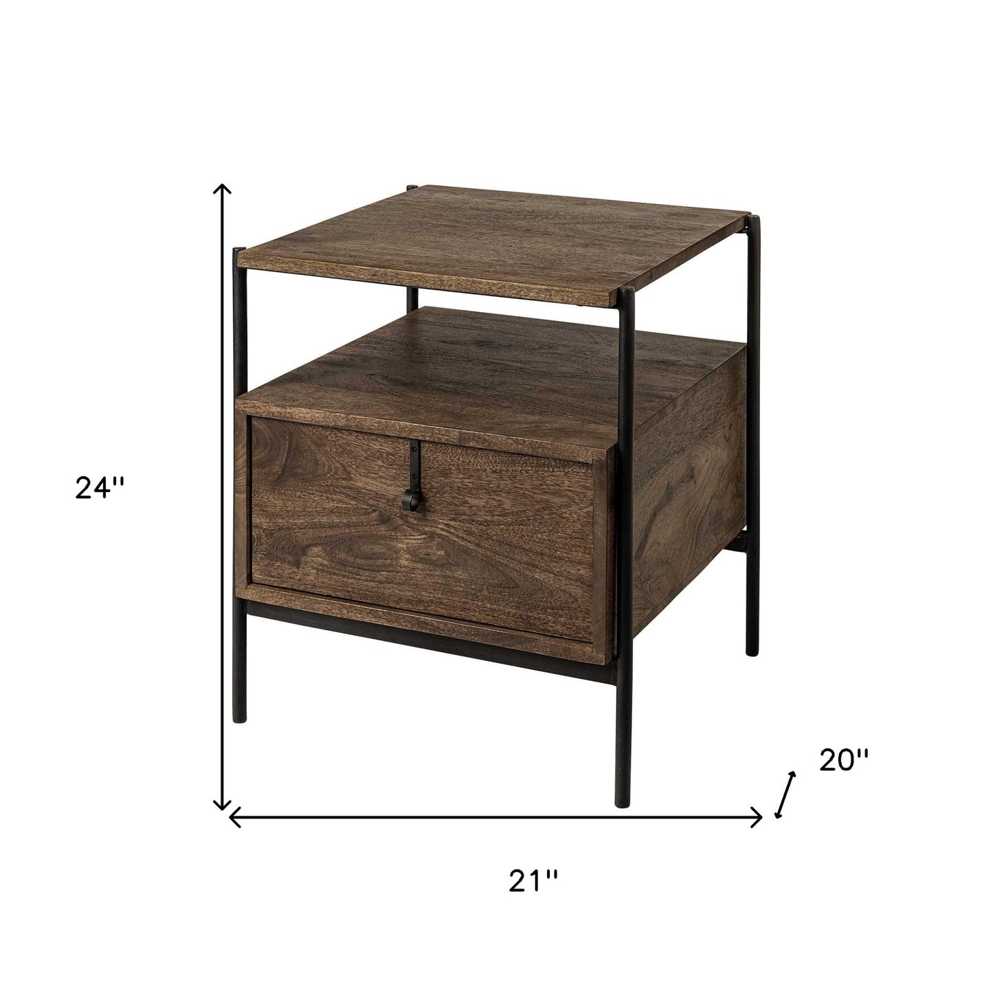 Square Top End Table With Dark Brown Wood And Iron Black Frame