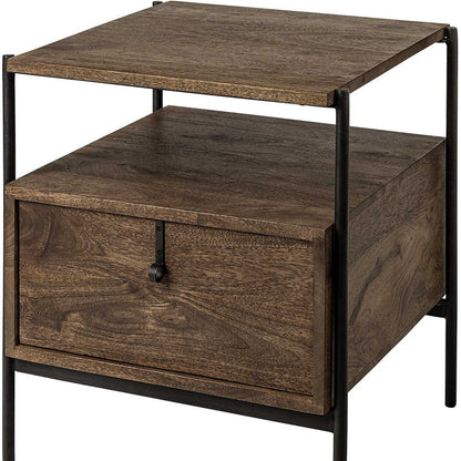 Square Top End Table With Dark Brown Wood And Iron Black Frame