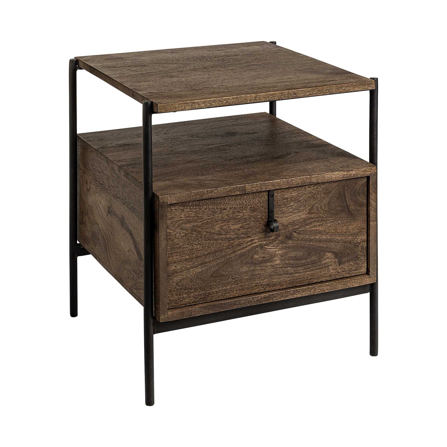 Square Top End Table With Dark Brown Wood And Iron Black Frame