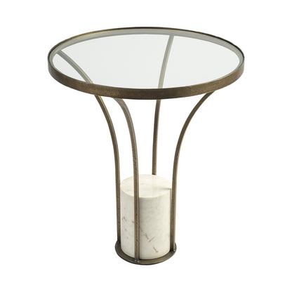 21" Round Glass Top End Table With Metal And Marble Pedestal