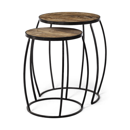 Set Of 2 Medium Brown Wooden Round Top Accent Tables With Black Metal Frame Nesting Tables
