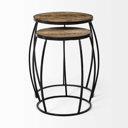 Set Of 2 Medium Brown Wooden Round Top Accent Tables With Black Metal Frame Nesting Tables