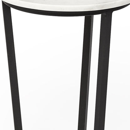 15" Round White Marble Top Accent Table With Black Metal Frame