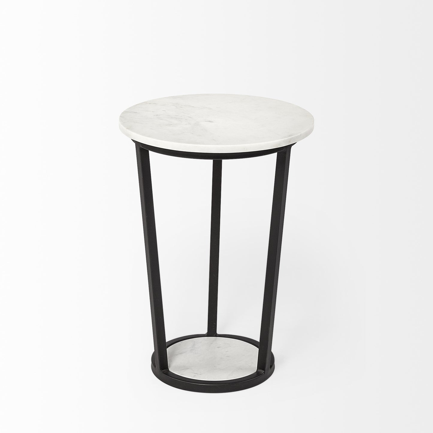 15" Round White Marble Top Accent Table With Black Metal Frame