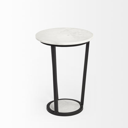 15" Round White Marble Top Accent Table With Black Metal Frame