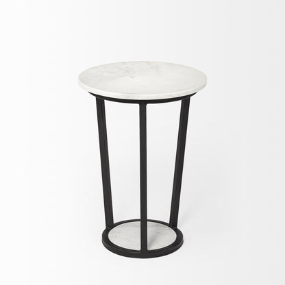 15" Round White Marble Top Accent Table With Black Metal Frame