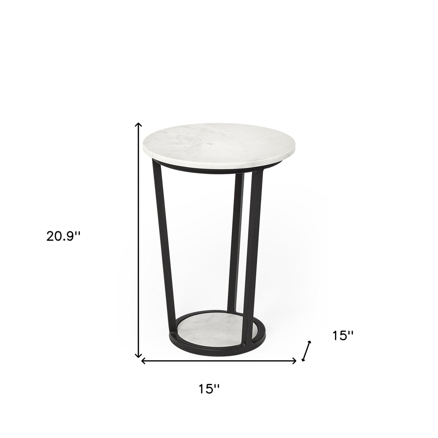 15" Round White Marble Top Accent Table With Black Metal Frame