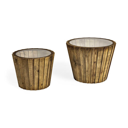 Set Of 2 Light Brown Wood Accent Tables With Glass Round Top