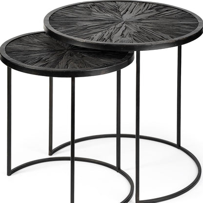 Set Of 2 Dark Wood Round Top Accent Tables With Black Iron Frame