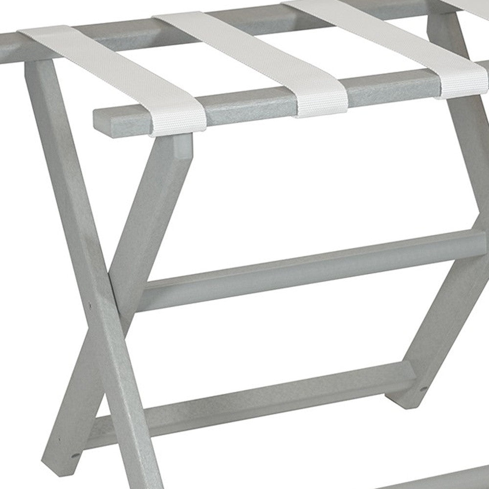 Earth Friendly Light Gray Folding Luggage Rack With White Straps