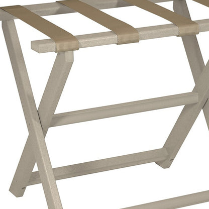 Earth Friendly Taupe Folding Luggage Rack With Dark Tan Straps