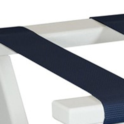 Earth Friendly White Folding Luggage Rack With Navy Straps