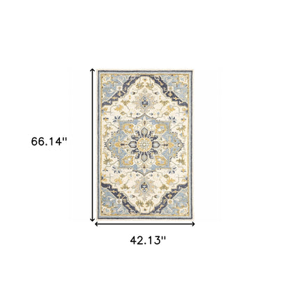 4'X6' Blue And Ivory Bohemian Area Rug