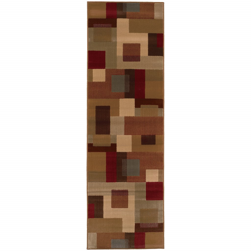 3'X8' Red And Tan Geometric Runner Rug