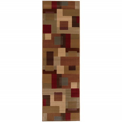 3'X8' Red And Tan Geometric Runner Rug