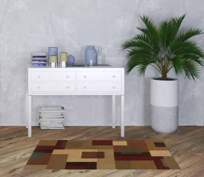 3'X8' Red And Tan Geometric Runner Rug