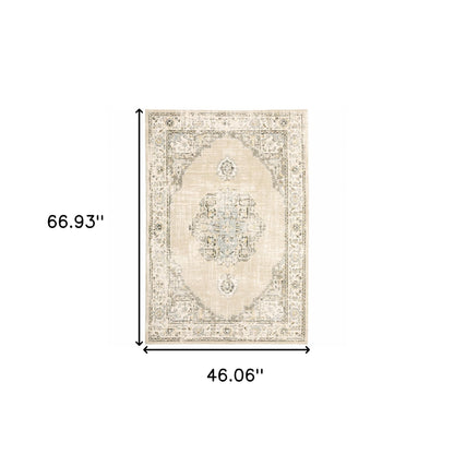 5'X8' Beige And Ivory Center Jewel  Area Rug