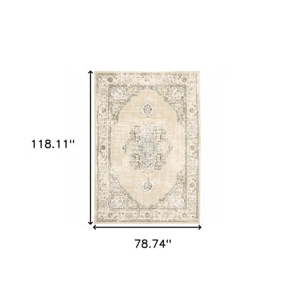 5'X8' Beige And Ivory Center Jewel  Area Rug