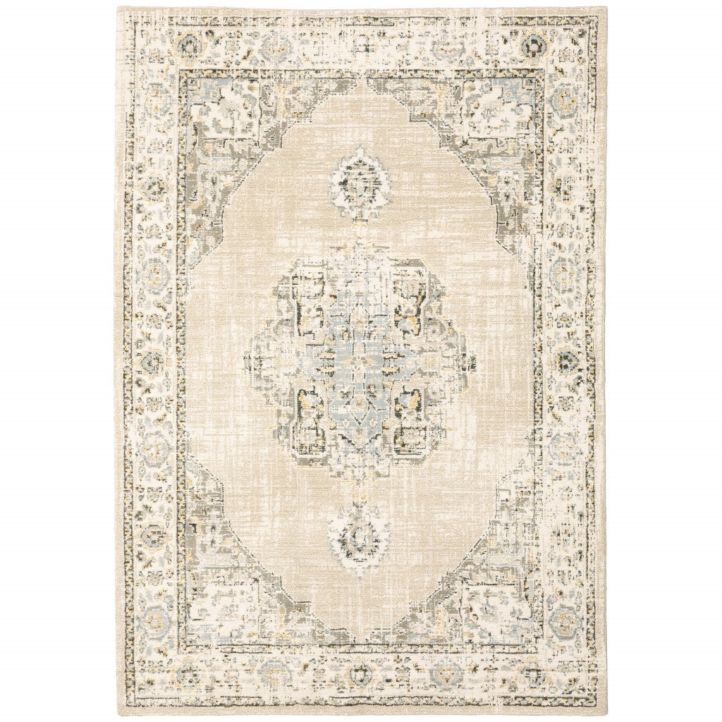5'X8' Beige And Ivory Center Jewel  Area Rug
